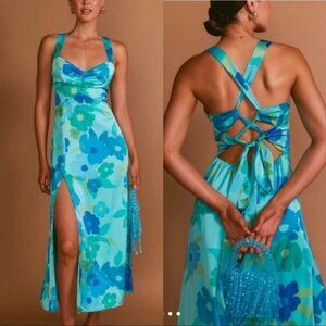 NWT ShowMeYourMuMu Mina Midi Slip Split  Dress  Picadilly Blue Luxe Satin Sz S